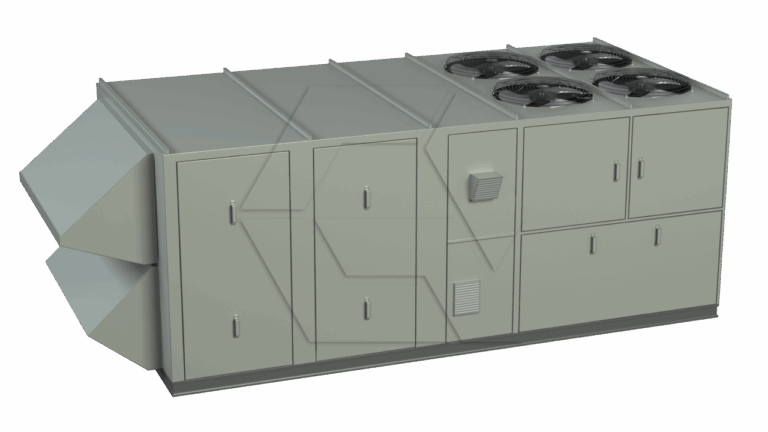 A large, industrial HVAC rooftop unit with multiple access panels, vents, and four circular fans on top, shown against a plain white background.