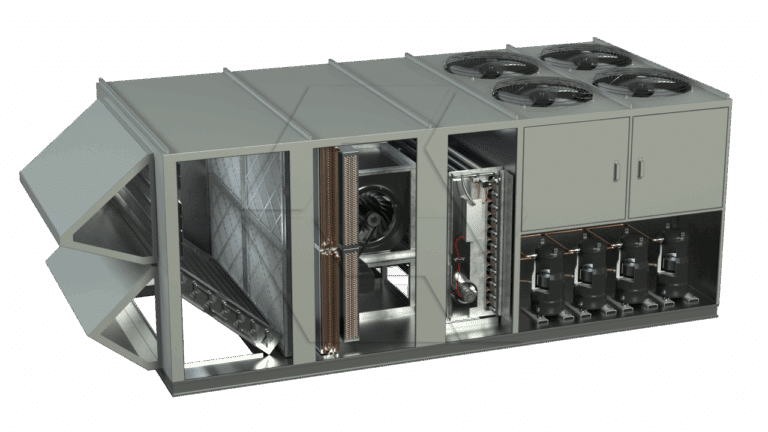 A large industrial HVAC unit with its panels open, revealing internal components including large fans, filters, copper coils, and compressors, set against a plain white background.