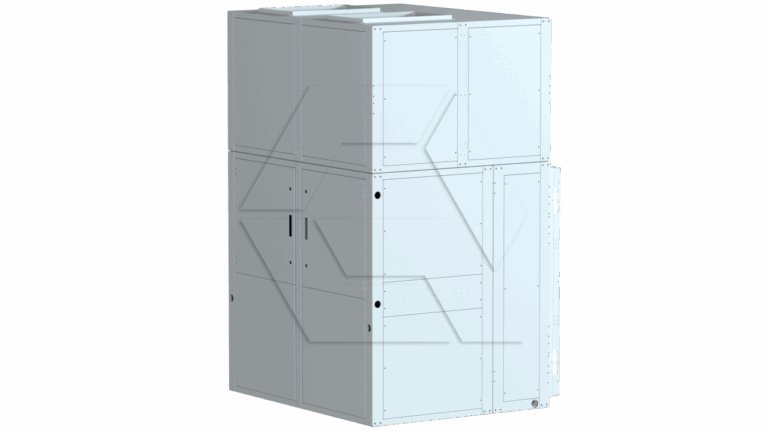 A large, white, rectangular metal industrial unit with multiple panels, doors, and vents, standing upright against a plain white background.