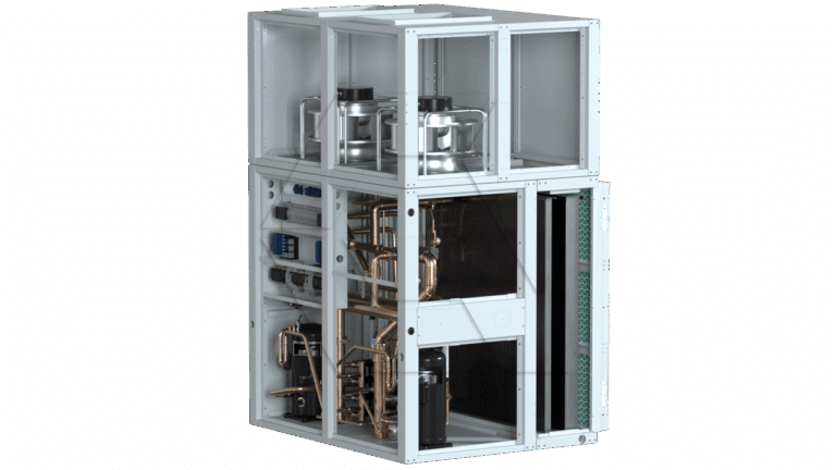 A large industrial HVAC unit with exposed copper pipes, wiring, circuit boards, and mechanical components inside a white metal frame, viewed at an angle against a plain background.