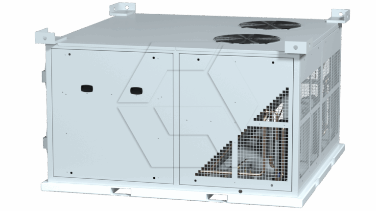 Large industrial HVAC unit with two circular fans on top, two closed doors on the front, and a grated section revealing internal components, all housed in a rectangular metal casing.