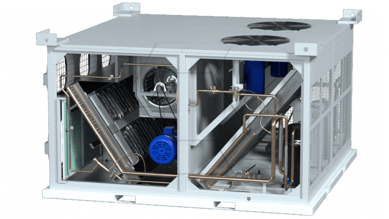 A large, rectangular industrial HVAC unit with its side panel removed, revealing internal components such as copper pipes, fans, a blue motor, filters, and coils. The unit has two circular fans on the top surface.