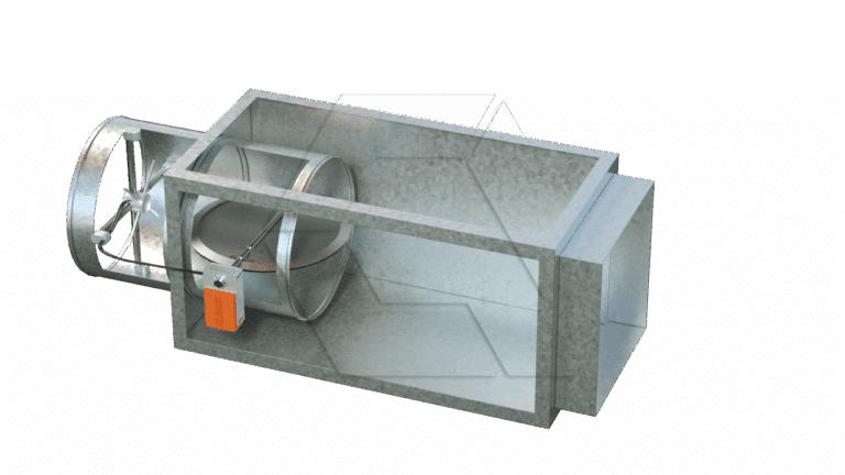 A metal HVAC duct section with a round damper and actuator inside a rectangular casing, shown isolated on a white background.