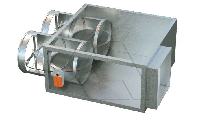 A metal HVAC duct system with two circular dampers, one featuring an orange actuator and connected by rods, attached to a rectangular duct section.