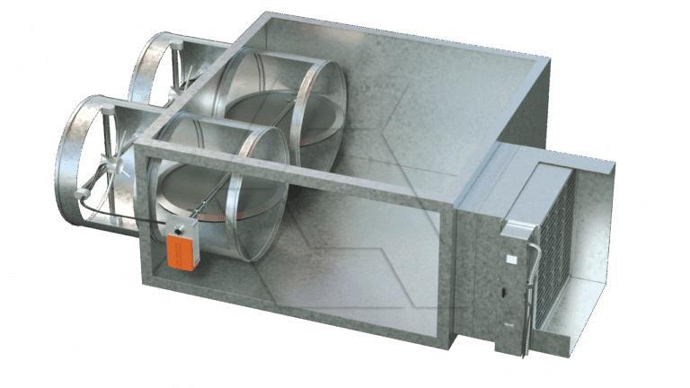 A 3D render of a metal HVAC unit with two circular duct connections, an orange control box, internal fans, and a rectangular air filter section on the right side.