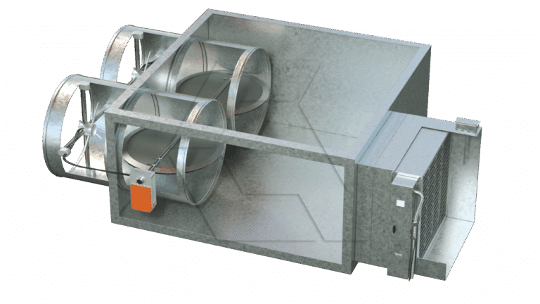 A 3D rendered image of a metal HVAC air handling unit, showing cylindrical ducts, fans, and an attached control box on one side, with a heat exchanger or filter at the end.
