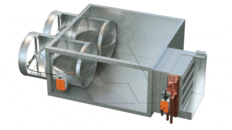 A 3D rendering of an HVAC air handling unit showing two large cylindrical fans, ductwork, a filter section, and visible copper piping with control components on the right side.