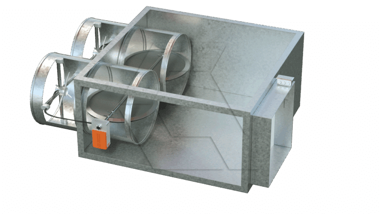 A 3D rendering of a metallic HVAC air handling unit with two circular duct connections, dampers, and an orange actuator mounted on one side, all enclosed in a rectangular metal housing.