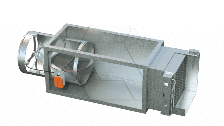 A 3D rendered image of an industrial HVAC unit, showing a cylindrical fan, ductwork, an orange actuator, and a grille at the end, all made of metallic material, isolated on a white background.