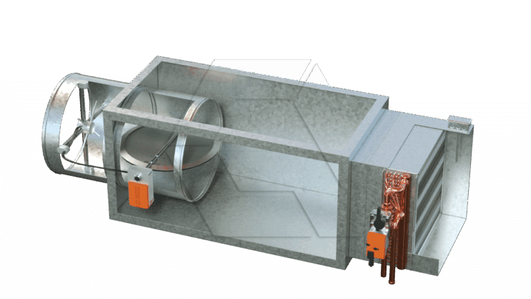 3D rendering of an HVAC unit showing ductwork, a large circular fan, control boxes, copper pipes, and a heat exchanger, all housed within a metal rectangular casing.