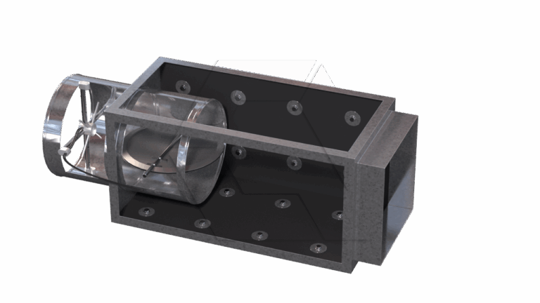 A 3D-rendered image of a metallic rectangular duct with a cylindrical, transparent section housing a fan or turbine, viewed from an angled perspective against a plain background.