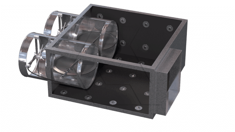 A 3D-rendered model of a metal rectangular box with two cylindrical, fan-like structures attached to one side. The box has multiple bolts visible on its surfaces. The background is plain white.