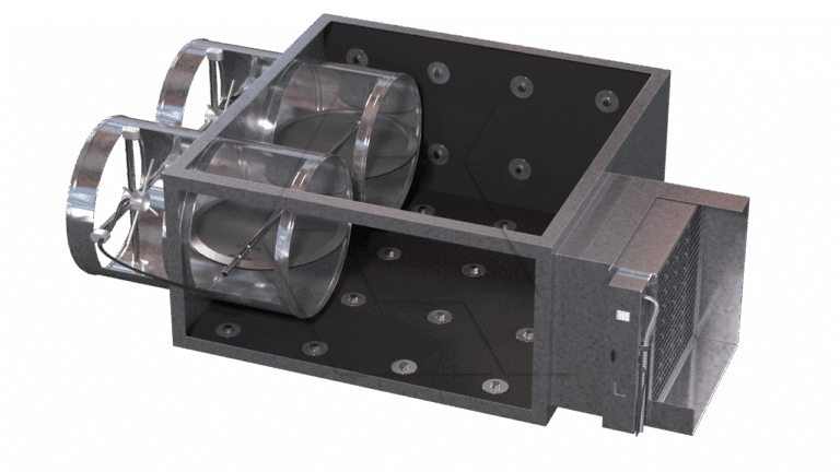 A 3D-rendered image of an industrial air handling unit with two large cylindrical fans, a rectangular duct, and a section containing an array of circular vents and a filter or heat exchanger on the right side.