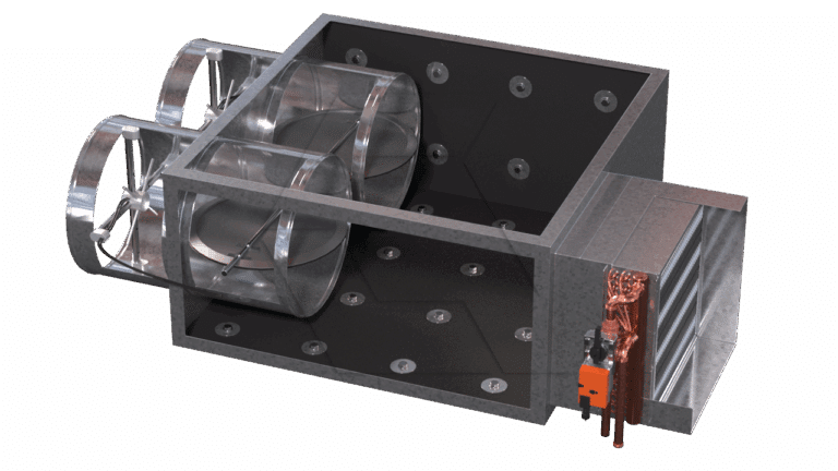A 3D rendered image of an HVAC duct system showing two large metal fans, insulated rectangular ductwork, and copper coils on one end, illustrating airflow and climate control components.