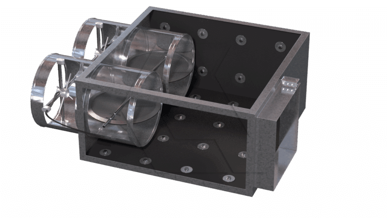3D-rendered image of a rectangular metal enclosure with two cylindrical, transparent fans mounted side by side on one end, and multiple bolt heads visible on the surfaces.