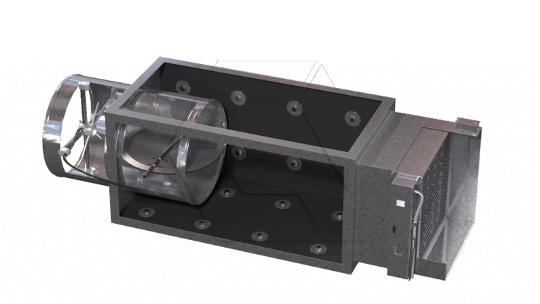 A 3D-rendered image of an industrial air handling unit, showing a cylindrical fan, internal ductwork, and a rectangular housing with visible bolts and an air filter on one end.