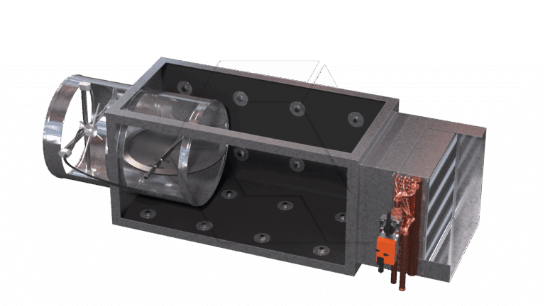 3D rendering of an industrial HVAC air handling unit showing a fan, ductwork, insulated compartment, and copper piping with attached controls on the right side.