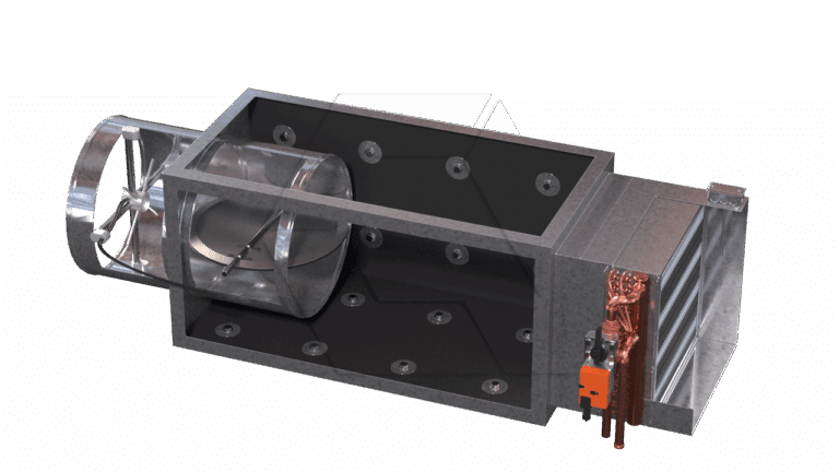 3D rendering of an industrial HVAC unit showing internal components, including a large fan, ducting, a black chamber with circular openings, copper coils, and control mechanisms, all set against a plain background.