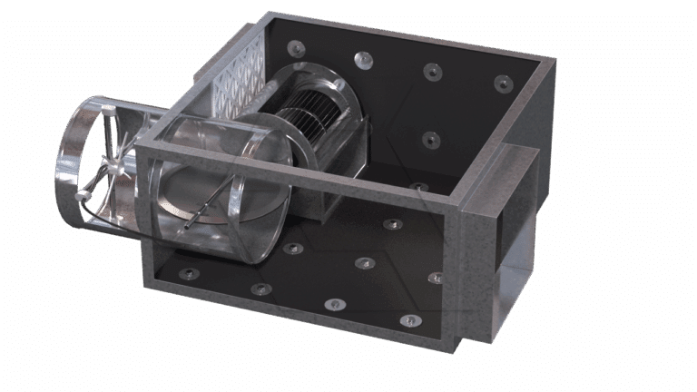A 3D-rendered image of an industrial air duct system, featuring a metallic fan or blower inside a rectangular metal enclosure with visible bolts and fasteners on the surfaces.