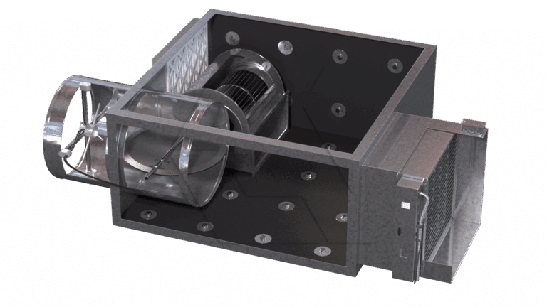 3D rendering of a metal industrial HVAC (heating, ventilation, and air conditioning) unit with visible internal components, including a cylindrical fan, ductwork, and a heat exchanger.