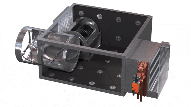 A 3D rendering of an industrial HVAC unit showing internal components, including a cylindrical fan, metallic ducts, copper pipes, wiring, and a control module, all housed in a rectangular metal casing.