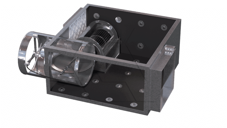 A 3D-rendered image of a mechanical device featuring a transparent cylindrical chamber with internal blades, connected to a rectangular metal housing with multiple bolts and a black interior.