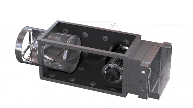 A 3D-rendered image of a mechanical ventilation unit, showing a large cylindrical fan on the left, a motor in the center, and a grille or heat exchanger on the right, all housed in a rectangular metal casing.
