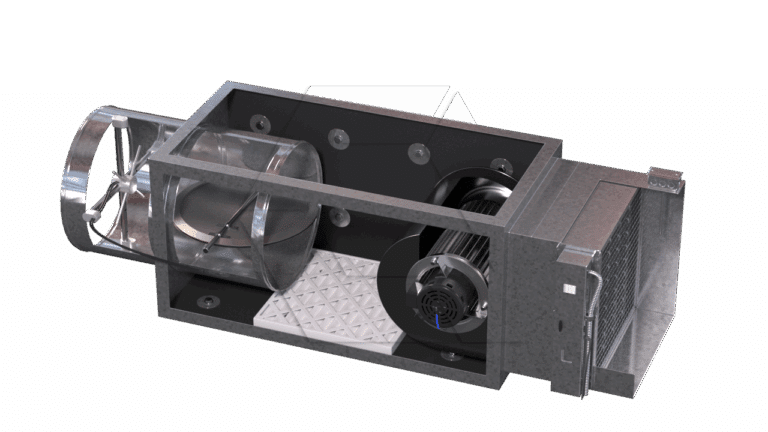A 3D rendering of an industrial ventilation unit, showing a metal housing with an internal fan, motor, filter, and ductwork components, viewed from a slightly angled perspective on a white background.