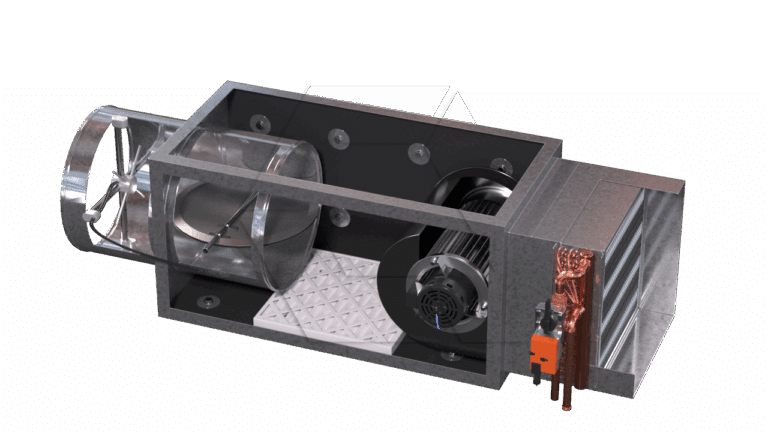 3D rendering of an industrial HVAC unit showing internal components, including a fan, motor, ductwork, heat exchanger, and control box with copper piping on one end.