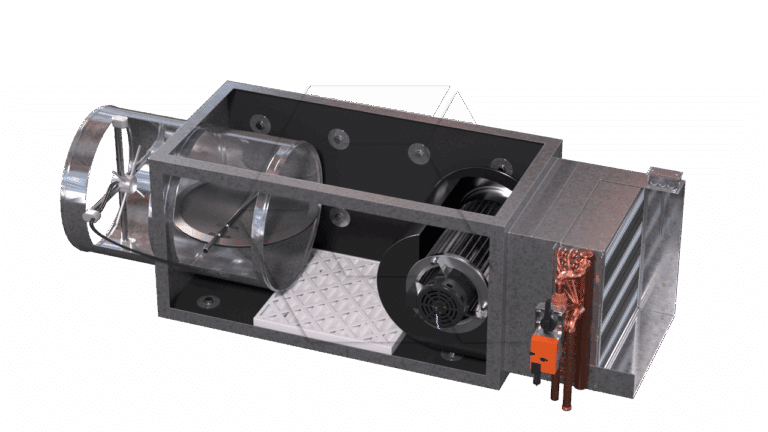 A 3D-rendered cutaway of an industrial HVAC unit, showing internal components such as a fan, motor, wiring, ductwork, and metal casing. Copper pipes and a control panel are attached on the right side.