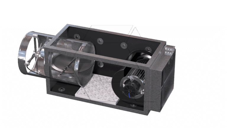 3D rendering of an industrial air handling unit with a metal fan, cylindrical duct, grated filter, and electric motor, all housed in a rectangular metal frame.