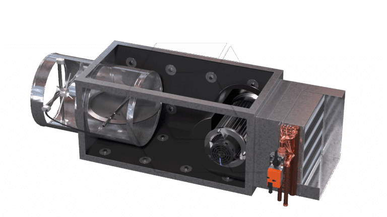 A 3D-rendered image of an industrial HVAC system section, featuring a fan, motor, metal ductwork, and copper piping with a control unit attached on the right side.