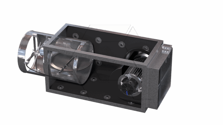3D rendering of an industrial mechanical component featuring a metal fan, cylindrical chamber, and electric motor housed within a rectangular metal casing, viewed from an angle against a white background.