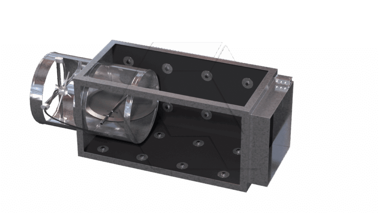 A 3D-rendered industrial duct system featuring a cylindrical metal fan housing attached to a rectangular black metal box with multiple bolts on its surfaces.