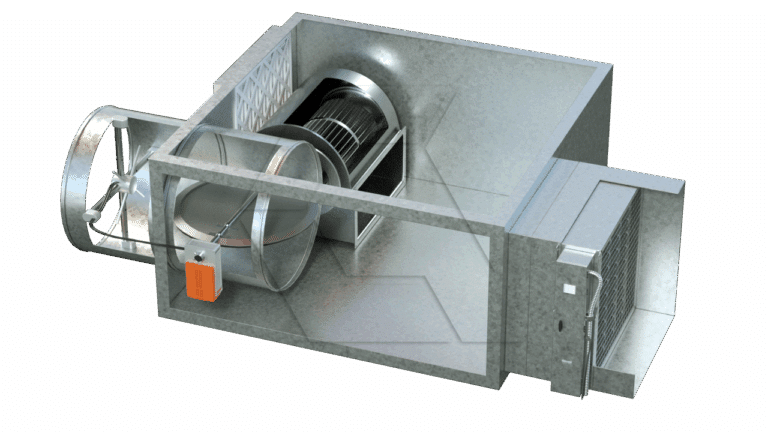 A 3D-rendered industrial HVAC air handling unit with exposed components, including a fan, air filter, and ducts, set against a white background.