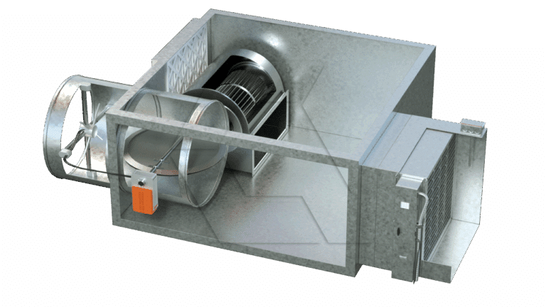 A 3D rendered image of an industrial HVAC air handling unit showing internal components like an air filter, cylindrical fan, ducts, and control box inside a metal casing.