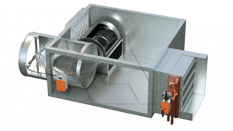 3D rendering of an HVAC air handling unit showing ductwork, a fan, a heat exchanger, filters, and copper pipes for heating or cooling within a metal casing.