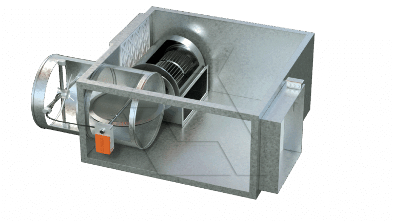 3D rendering of a metal HVAC air handling unit showing an air duct, fan, filter, and electrical components, with part of the casing partially cut away to reveal the internal parts.