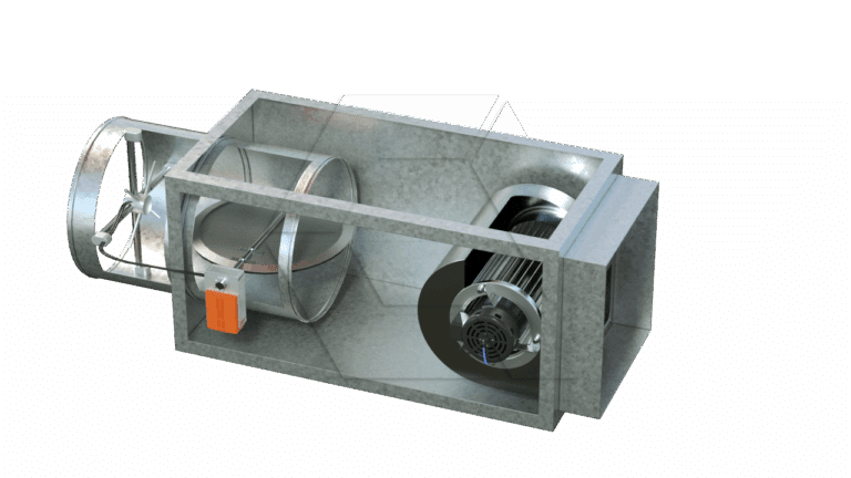 A metal ventilation duct system with a circular damper, an orange actuator, and an electric motor inside a rectangular housing, isolated on a white background.