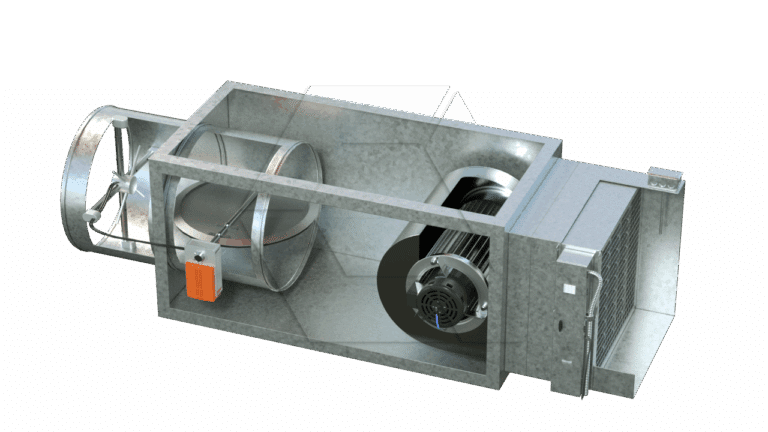 A cutaway view of an industrial air handling unit showing internal components, including a fan, motor, ductwork, dampers, and a filter section, all housed in a metal casing.