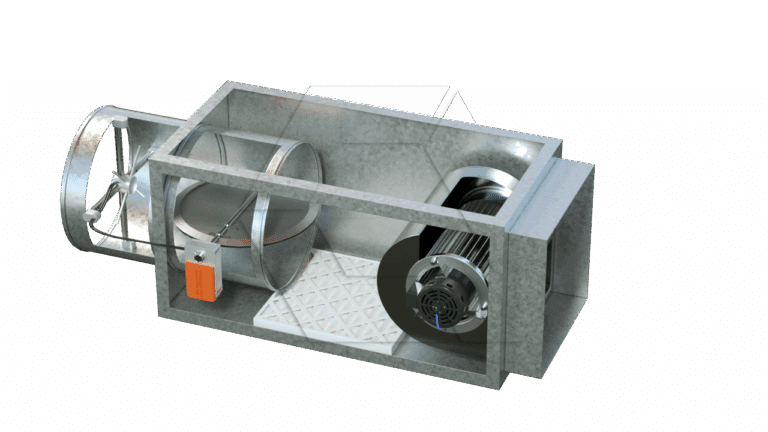 A cutaway view of a metal HVAC air handling unit showing internal components, including a fan, filter, ducts, and an orange control box, on a plain white background.