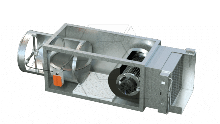A 3D rendering of an industrial HVAC air handling unit, showing internal components like a fan, filter, electric motor, ducts, and a control box, all inside a metallic rectangular casing.