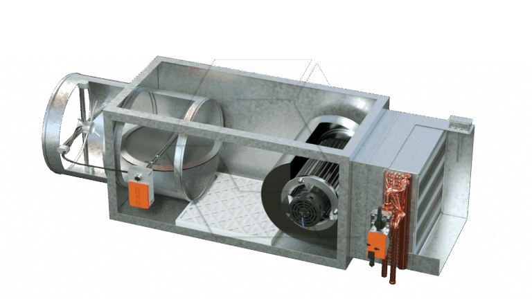 A 3D rendering of an industrial air handling unit, showing internal components like fans, filters, a motor, coils, and ductwork, with a metal casing and visible electrical connections.