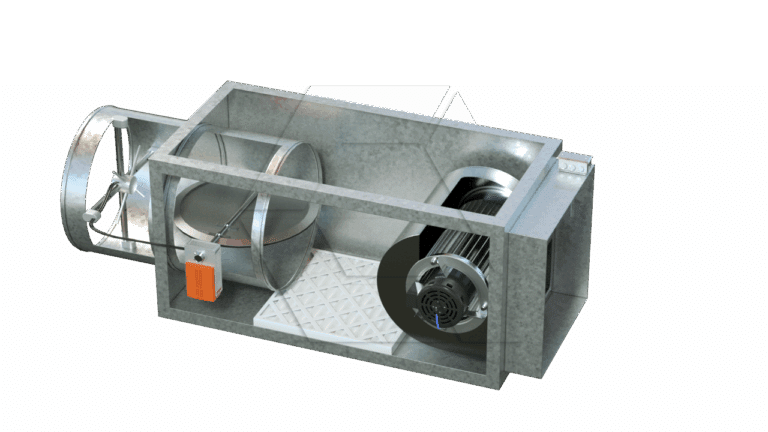 A metal HVAC air handling unit with visible components including a fan, air filter, motor, and a control box, all housed within a rectangular metal casing.