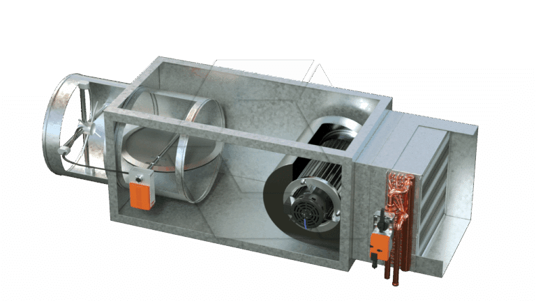 A 3D rendering of an HVAC air handling unit showing metal ductwork, a fan, an orange actuator, and copper piping for heating or cooling, set against a plain white background.
