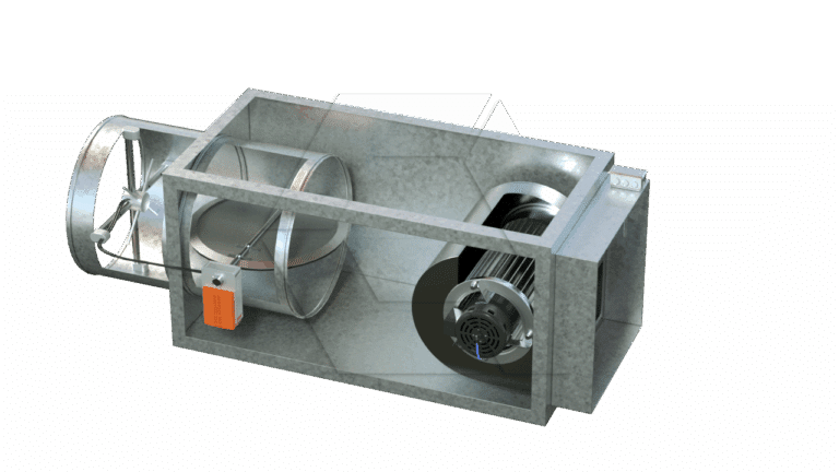 A metallic HVAC duct system with a visible cylindrical fan, a damper, and an orange actuator inside a rectangular casing, shown on a white background.