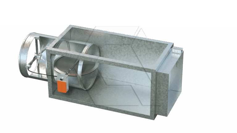 A metal HVAC duct with a round damper and actuator connected to a rectangular section, designed for controlling airflow in ventilation systems, is shown on a plain background.