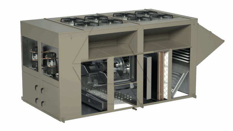 A large industrial HVAC unit with visible internal components, including fans, filters, coils, and ducts, shown in a cutaway view to display its inner workings.