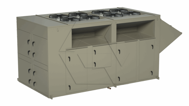 A large, industrial metal kitchen stove with six burners on top, multiple storage cabinets and drawers, and ventilation ducts, all in a beige color. The unit is photographed against a plain white background.
