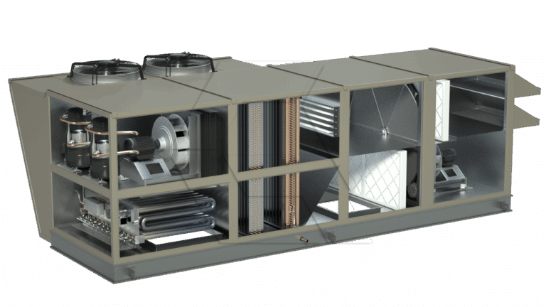 A cutaway view of a large industrial HVAC rooftop unit shows internal components like fans, coils, filters, and ductwork, revealing the system's inner workings and airflow pathways.
